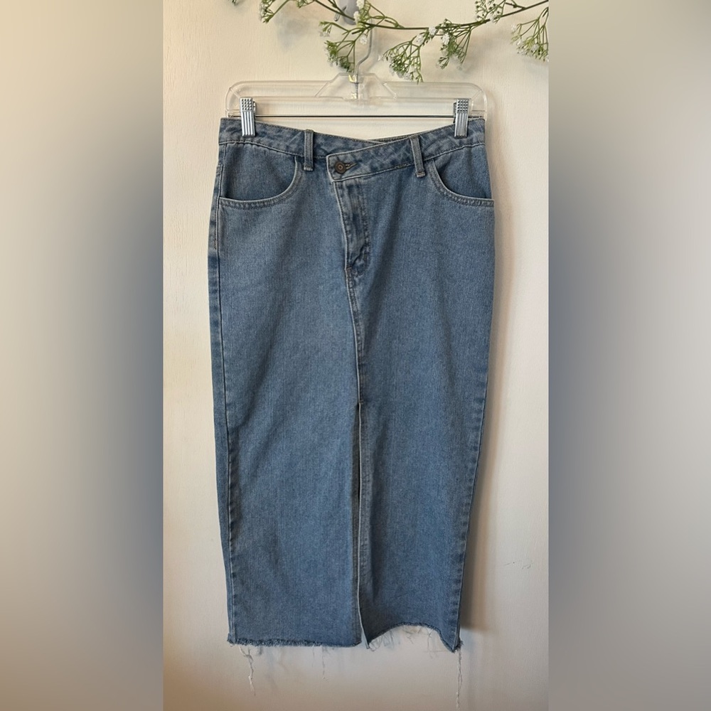 (B21)Happily Grey | Denim Maxi Front Slit Skirt